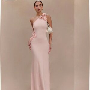 Meshki Paloma One Shoulder Knit Maxi Dress With Flowers - Baby Pink XS